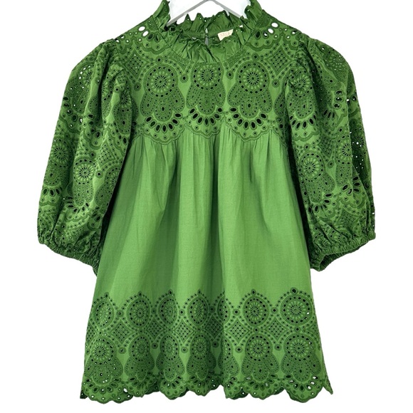 Ulla Johnson Mischa Top - Green Puff Sleeve Loose Fit Eyelet Cotton Blouse sz 2 - Picture 4 of 11